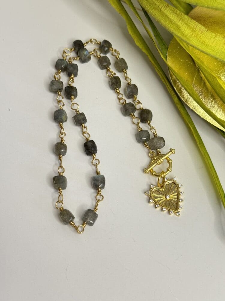 Faceted Labradorite, Wire Wrap with Micro Pave Clasp and Heart Pendant & Toggle Clasp