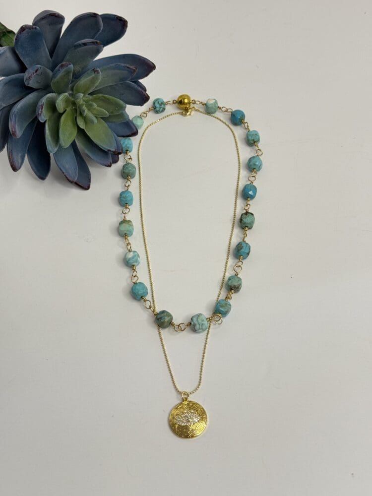 Turquoise Wire Wrap with Gold Filled Chain and Micro Pave Evil Eye Pendant
