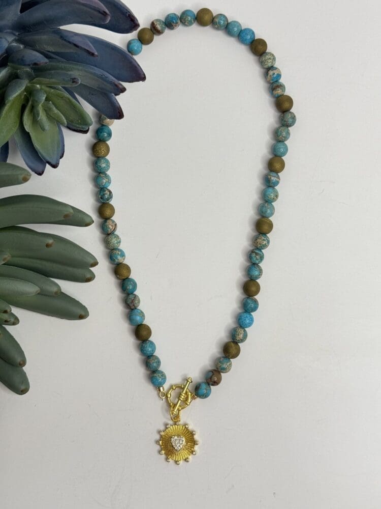 Blue Jasper Agate with Micro Pave Heart Charm & Toggle Clasp