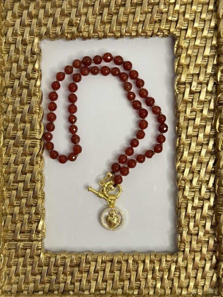 Carnelian Silk Knotted with Sacred Heart & Micro Pave Pendant