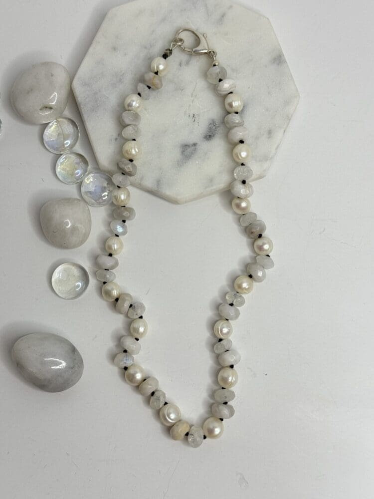 Moonstone/White Lace Agate/Fresh Water Pearl Silk Knotted with Sterling Silver Clasp