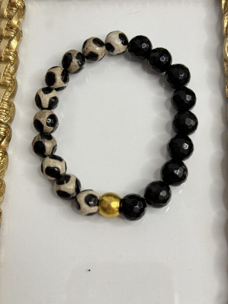 DZI Spotted Agate with Faceted Onyx & Gold Spacer