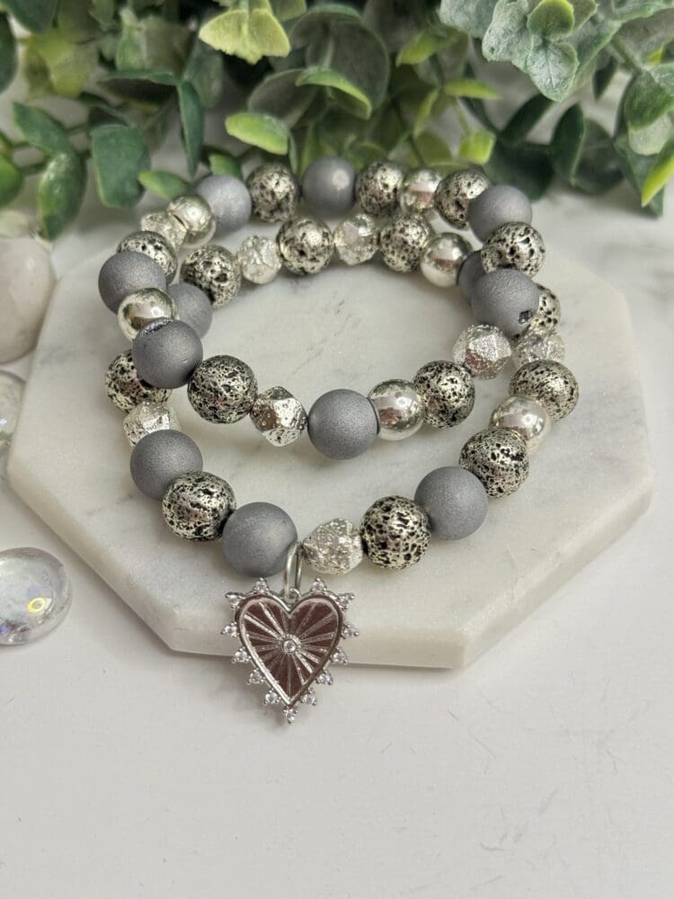 Plated Agate with Plated Lava and Hematite with Micro Pave & Heart Charm