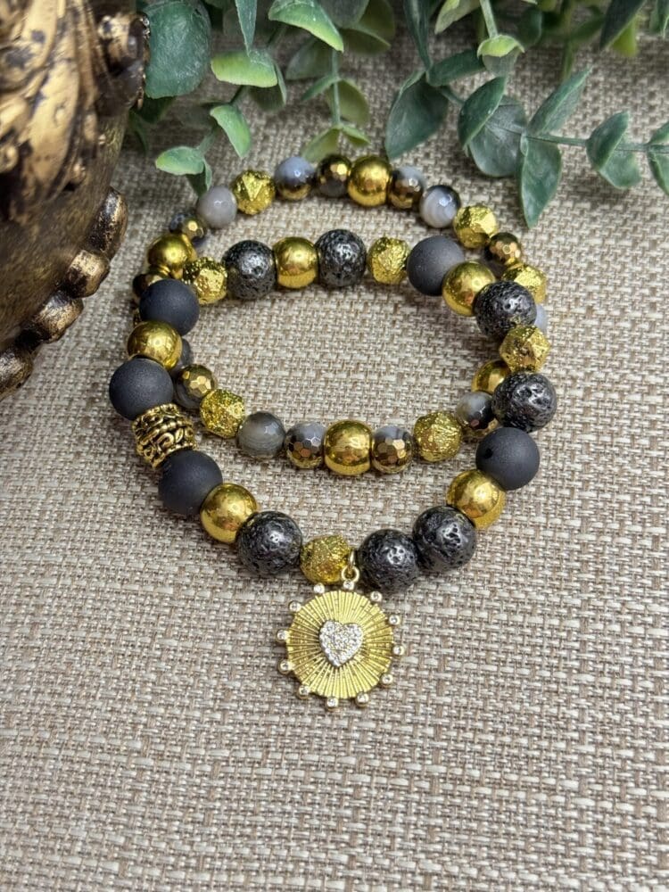 Plated Agate/Plated Lave/Plated Hematite with Gold Beads & Pave Heart Charm