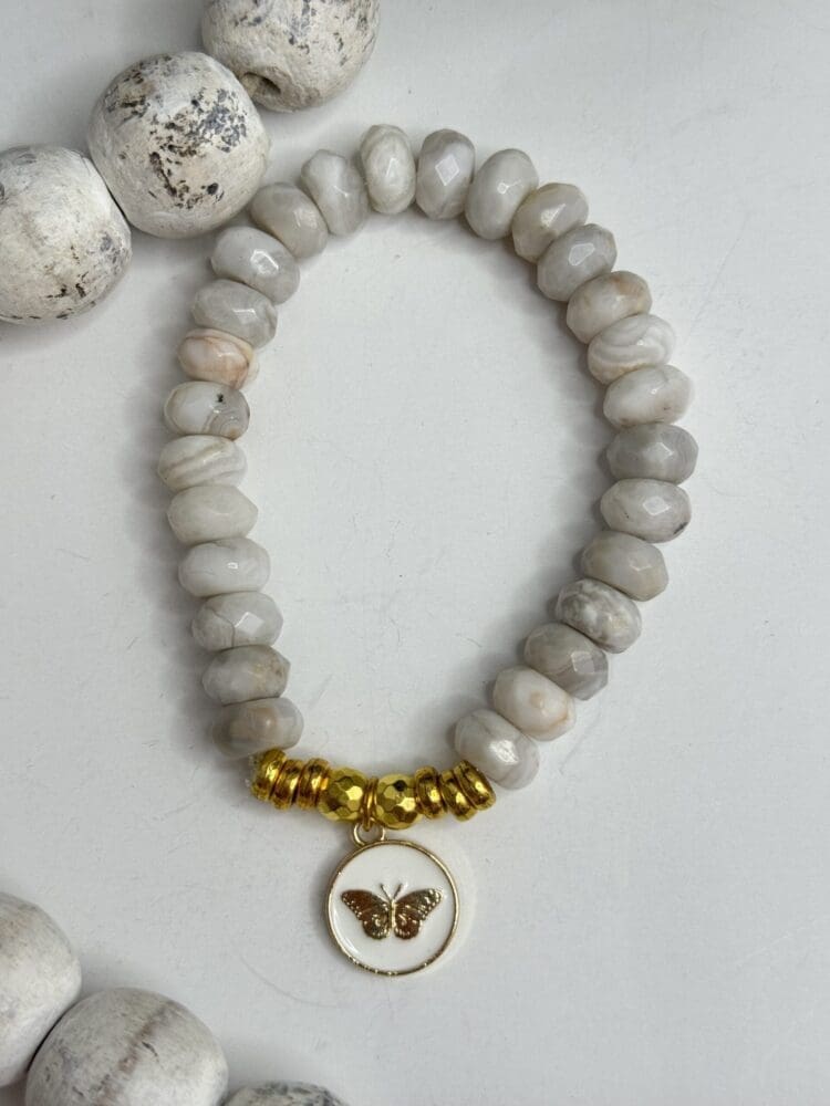White Lace Agate with Gold Beads & Butterfly Charm