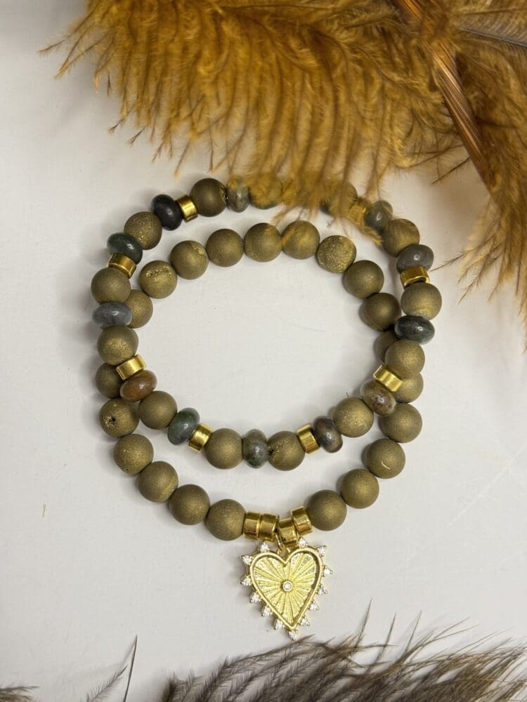 Plated Agate with Jade & Gold Plated Micro Pave Heart Charm