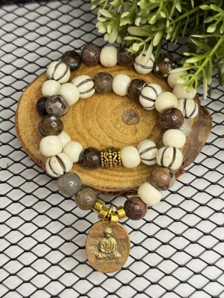 Natural Agate and Bone with Gold Bead & Tibetan Charm