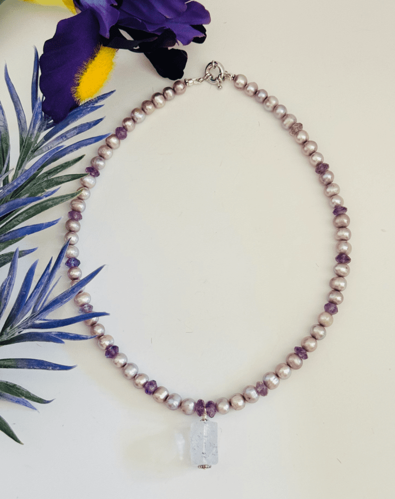 Amethyst and Lavendar Pearls with Amethyst Stone Pendant