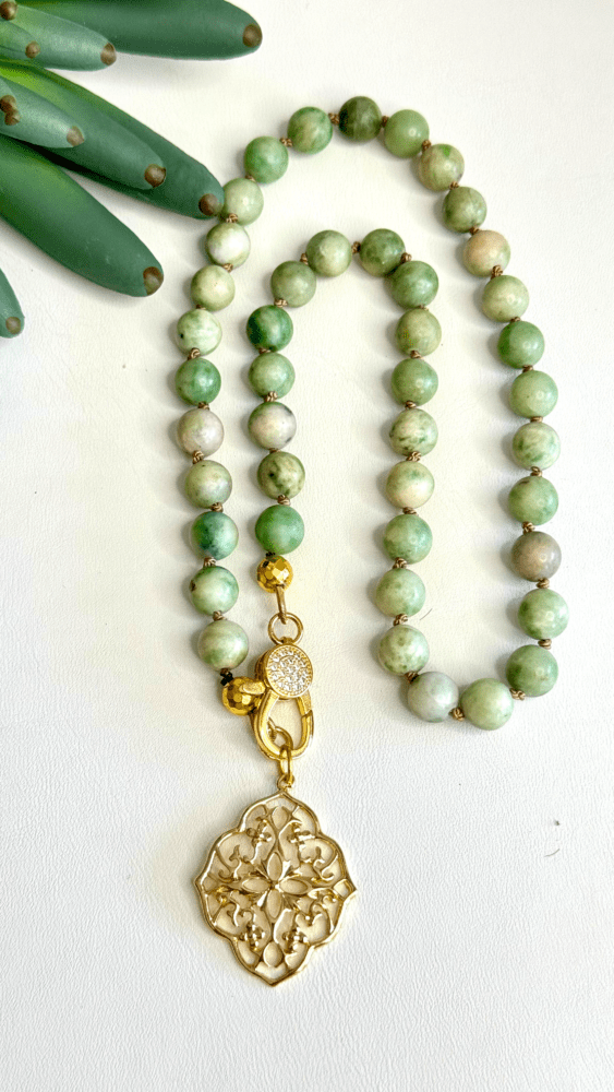 Green Jade Silk Knotted with Micro Pave Clasp