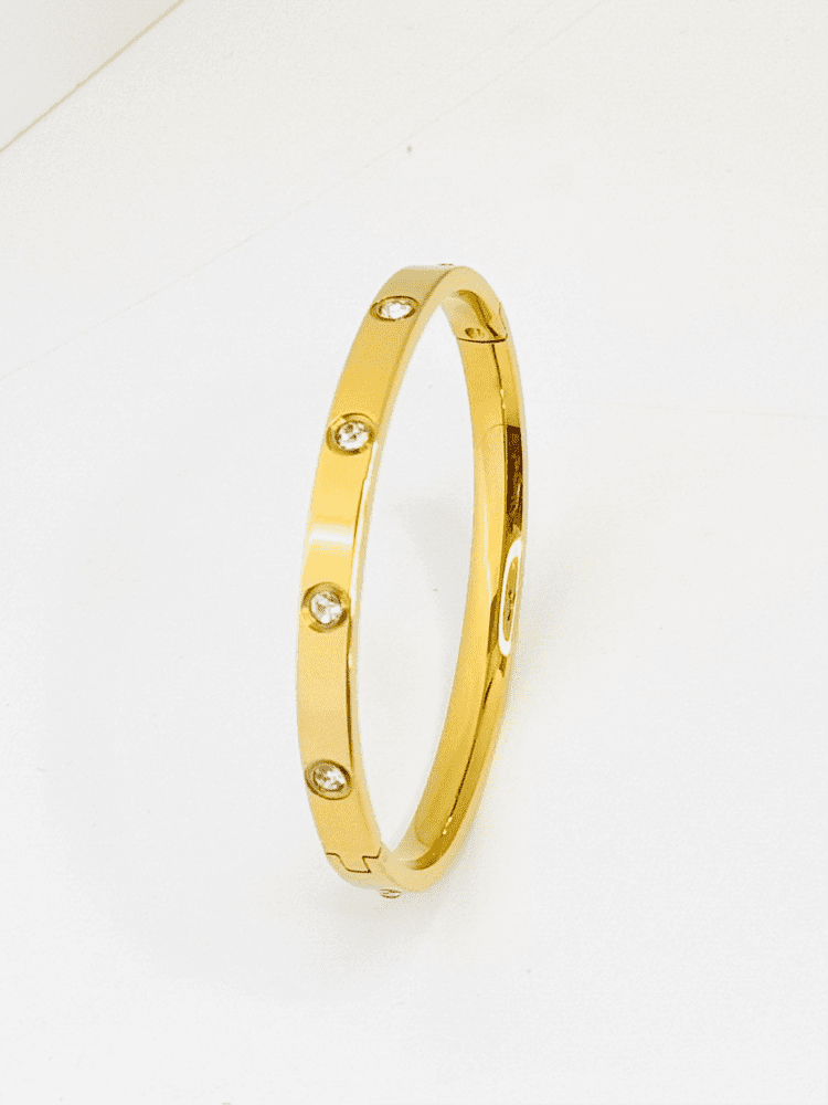 Gold Stainless Steel Bangle with CZ Station