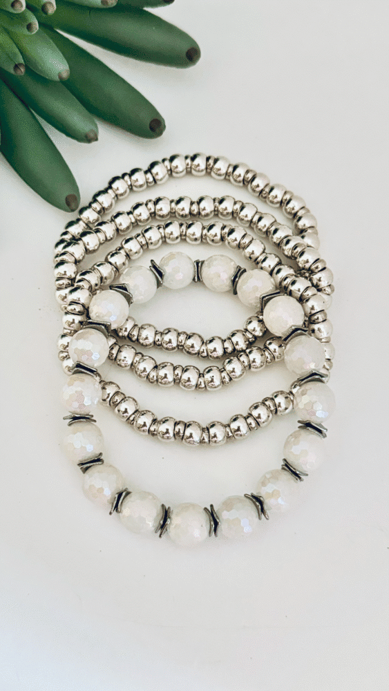 Moonstones Bracelet with Silver Spacer & Three Silver Stacking Bracelets