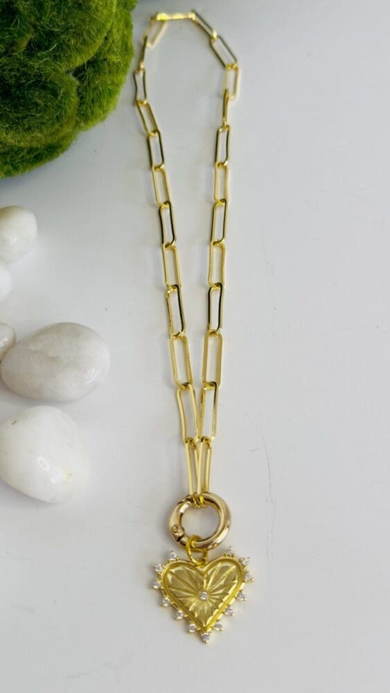 Gold Paperclip Chain with Gold Filled Micro Pave Heart Pendant