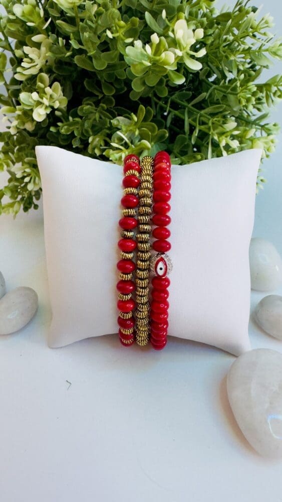 Coral with Evil Eye. Coral with Gold Beads. Gold Beads (Sold individually or as a set)