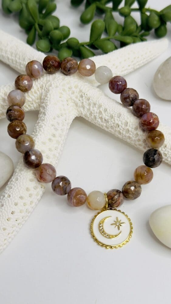 Agate with White & Gold Moon/Star Charm