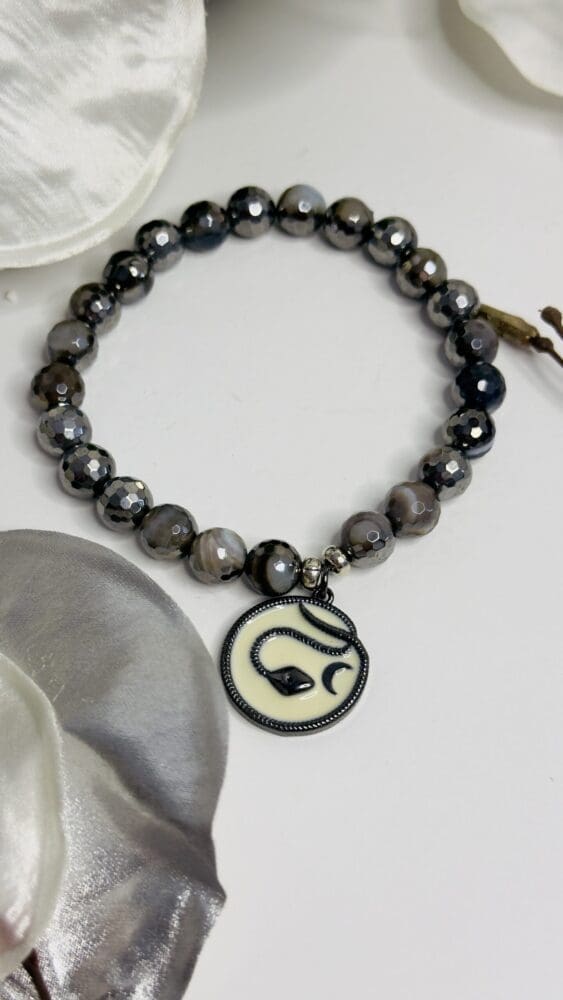 Natural Half Silver Plated Gray Agate with White & Black Snake Charm