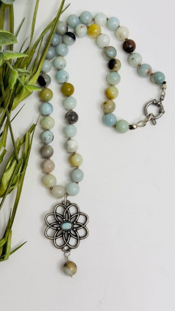Amazonite Silk Knotted with Stainless Steel Flower Pendant