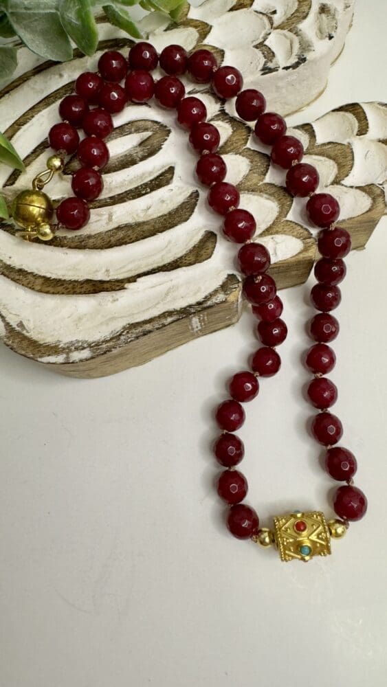 Red Jade with Gold Enamel Tube Bead
