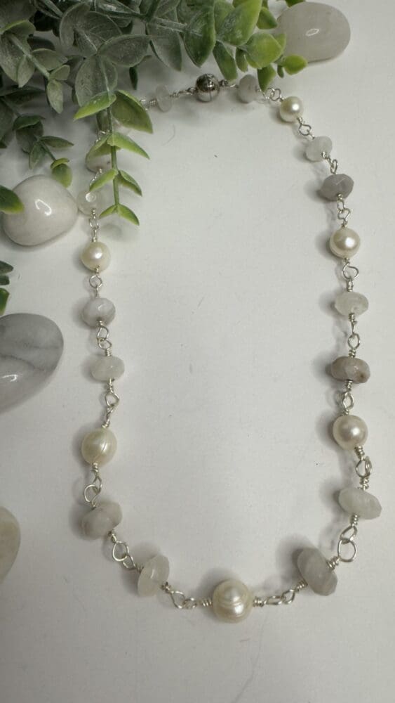 Fresh Water Pearl with White Lace Agate Moonstone, Wire Wrapped with Magnetic Clasp