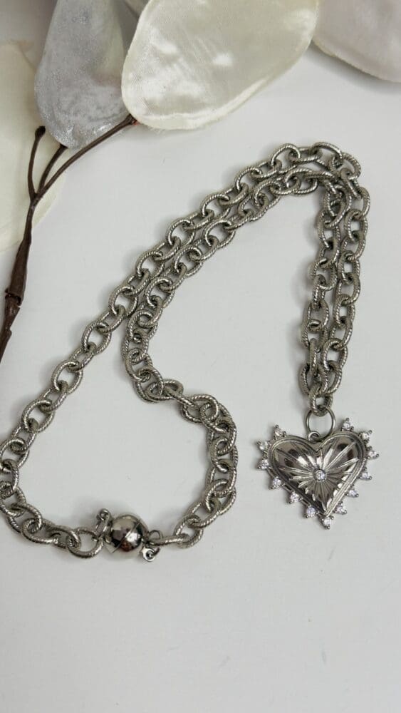 Silver Plated Chain with Micro Pave Heart & Magnetic Clasp