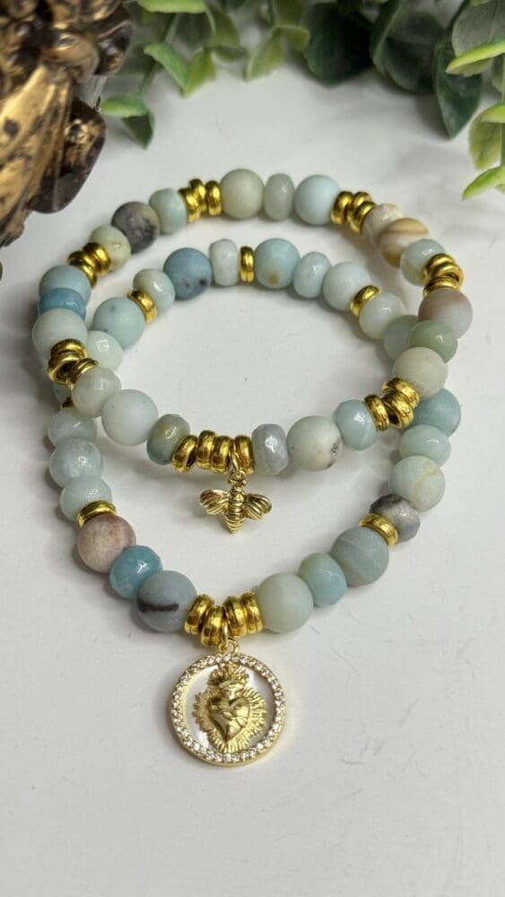 Amazonite with Gold Beads and Bee Charm, with Sacred Heart Charm