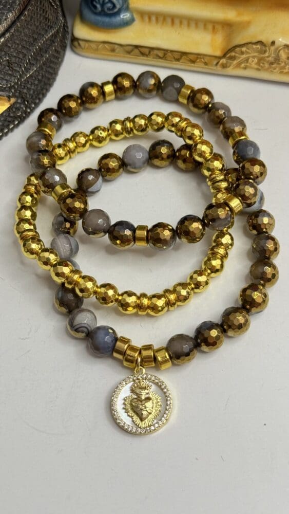 Plated Agate & Hematite with Sacred Heart Charm