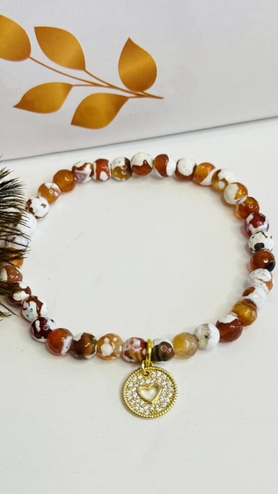 DZI Agate with Gold/Micro Pave Heart Charm