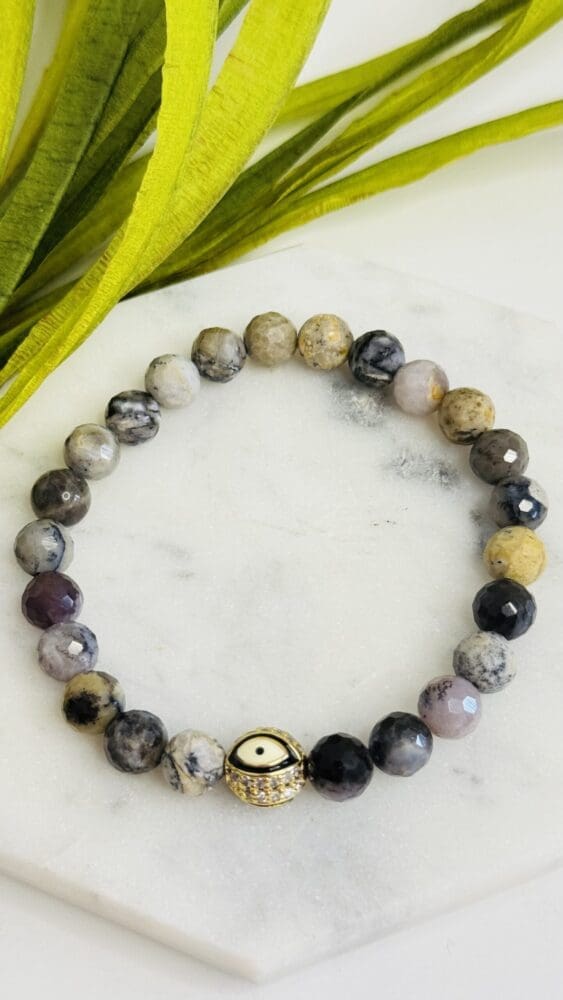 Opal Beads with Gold Evil Eye