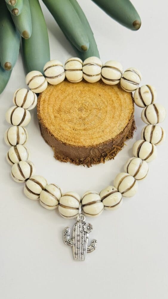 Bone Carved Beads with Silver Saguaro Cactus Charm