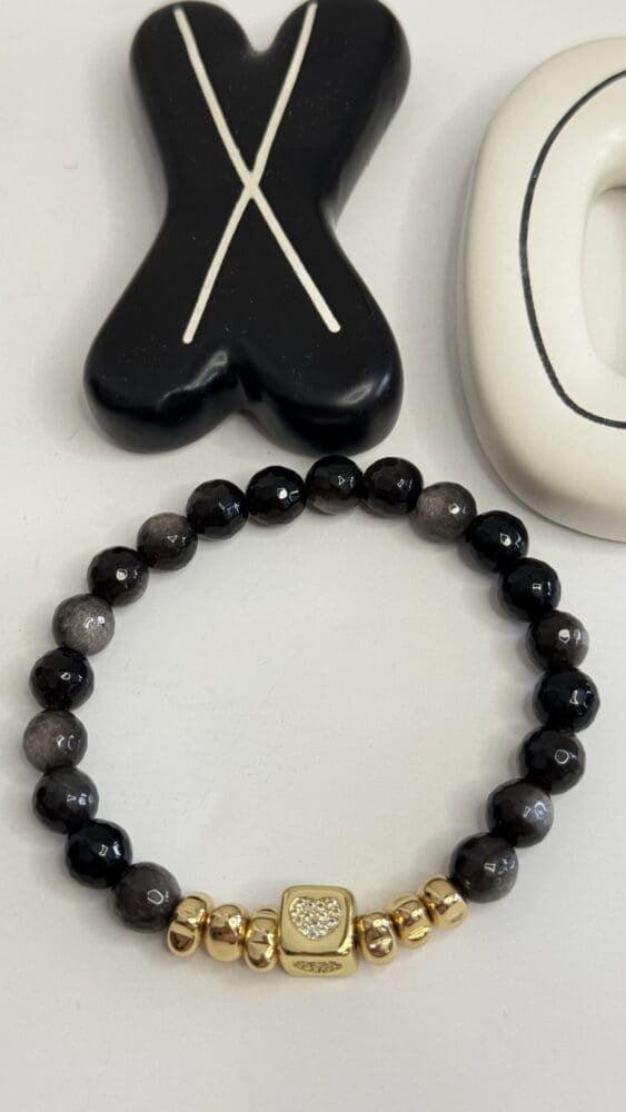 Silver Obsidian with Gold Beads & Square Bead with Micro Pave Heart