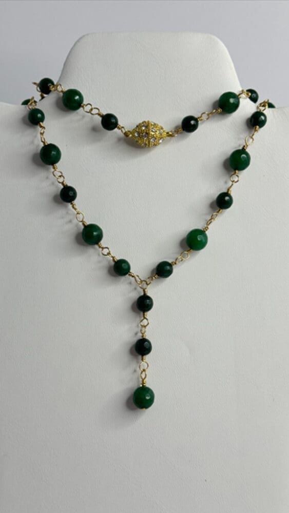 Faceted Emerald Jade, Wire Wrapped Lariat with Micro Pave Magnetic Clasp