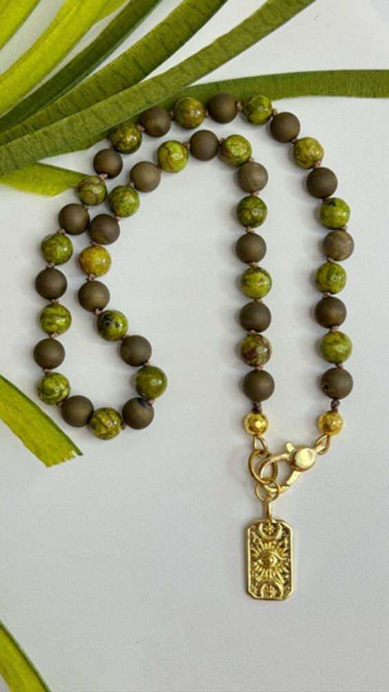 Turquoise Plated Agate, Silk Knotted with Evil Eye Rectangle Pendant