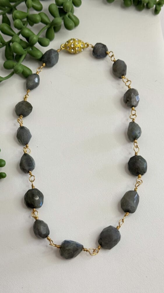 Faceted Labradorite Wire Wrapped with Micro Pave Magnetic Clasp