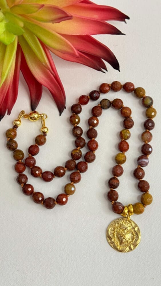 Faceted Agate, Silk Knotted with Sacred Heart Pendant