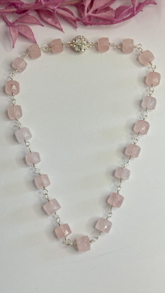 Faceted Rose Quartz, Wire Wrapped with Micro Pave Clasp