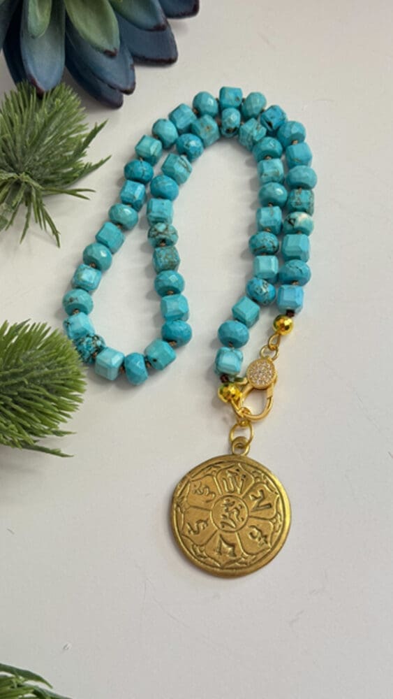 Turquoise, Silk Knotted with Tibetan Pendant & Micro Pave Clasp