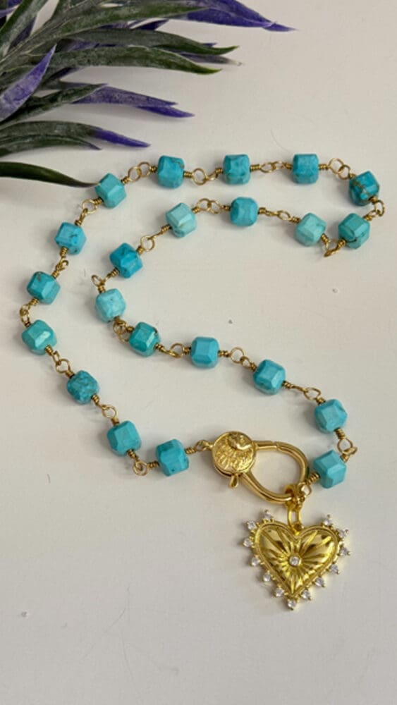 Turquoise, Wire Wrapped with Micro Pave Heart Pendant