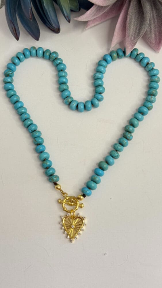 Turquoise, Silk Knotted with Micro Pave Heart Pendant
