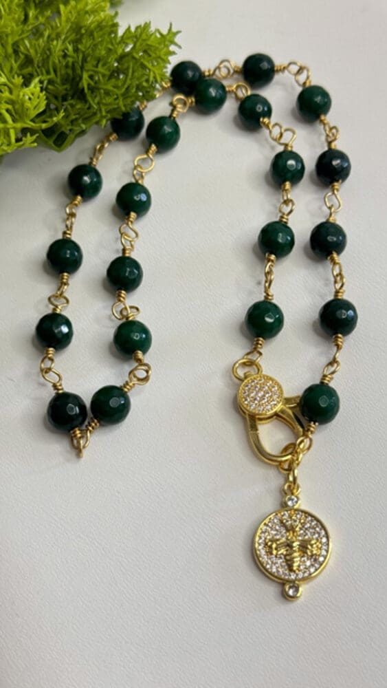 Faceted Emerald Jade, Wire Wrapped with Bee Pendant & Micro Pave