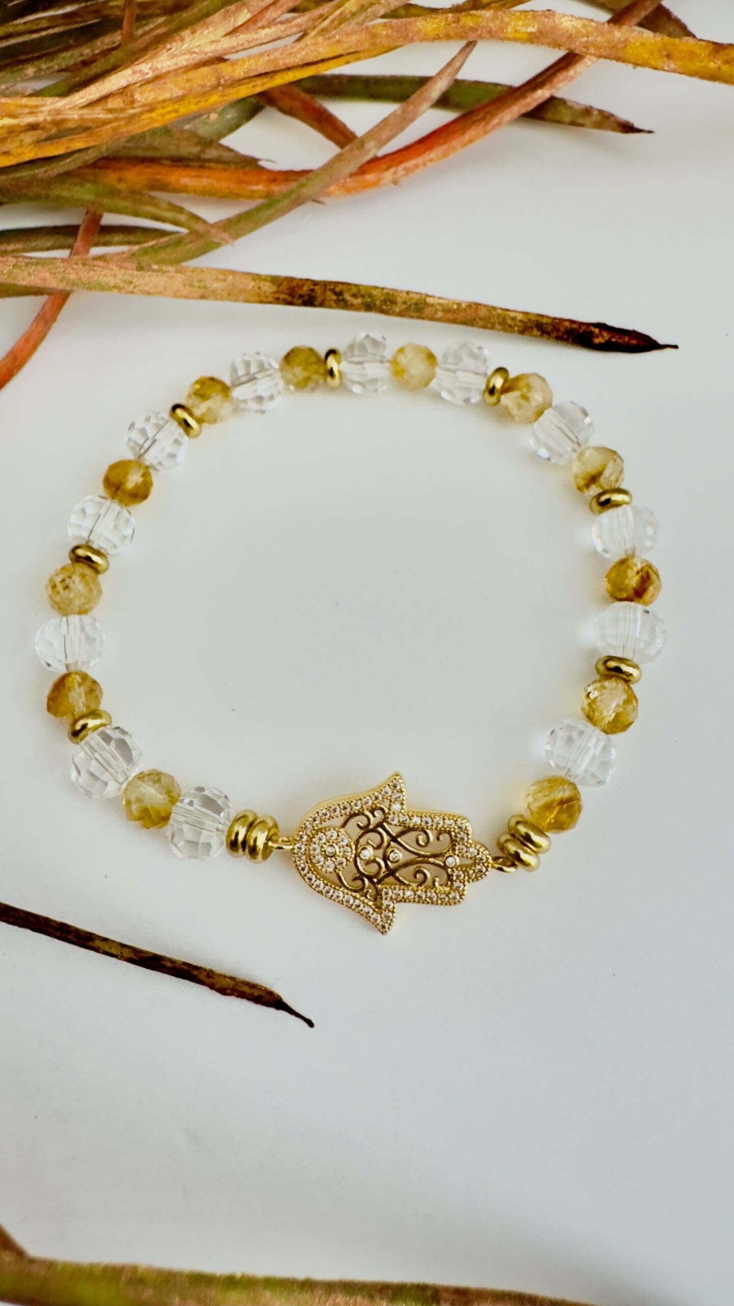 Carnelian w/white agate & gold spacers with hand of hansa