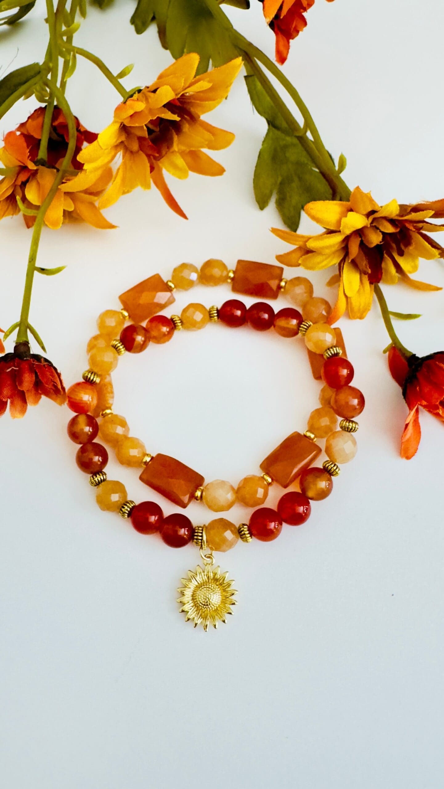 Double Bracelet Carnelian agate w/gold spacers & w/sunflower charm Carnelian w/gold spacers