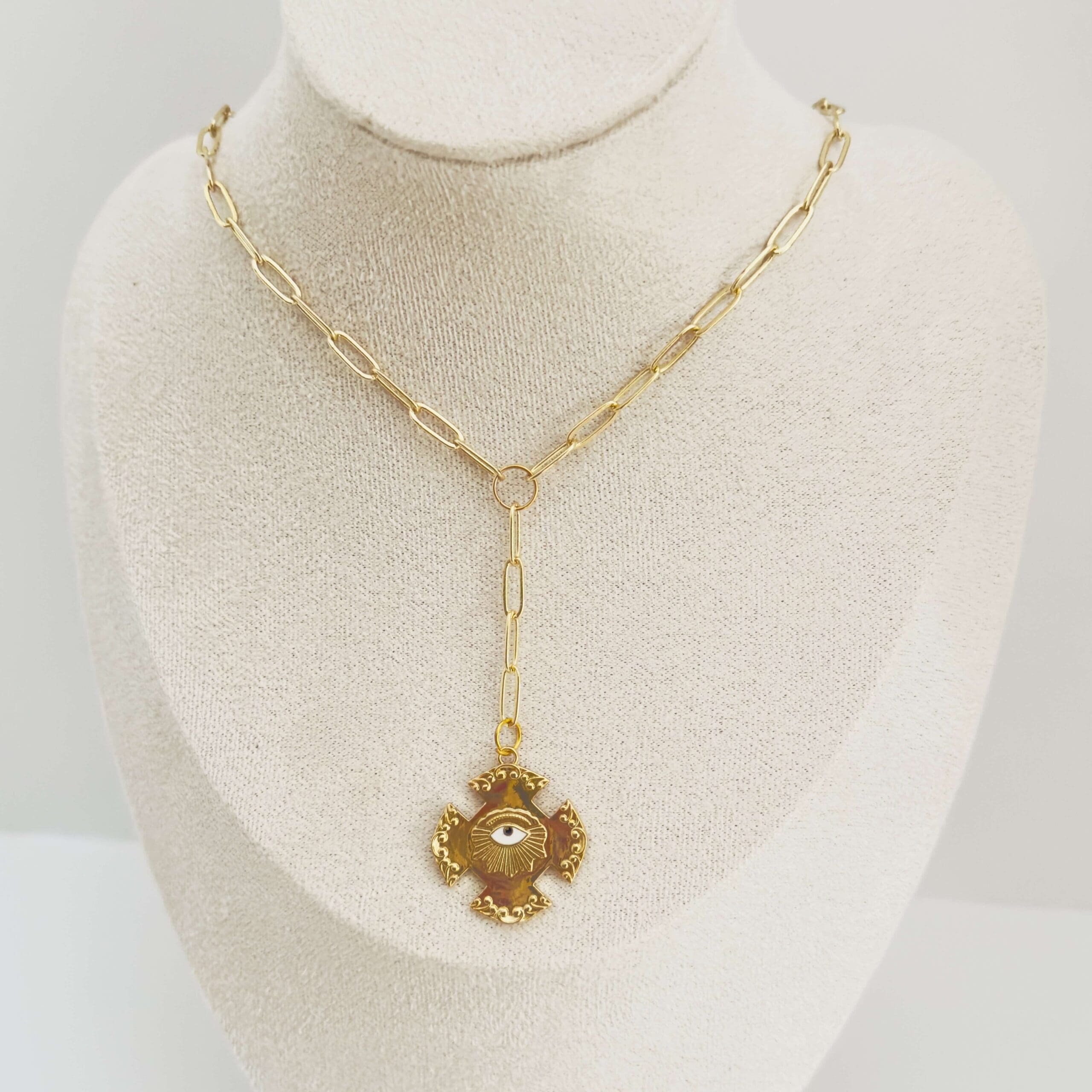Small paperclip chain with evil eye drop pendant