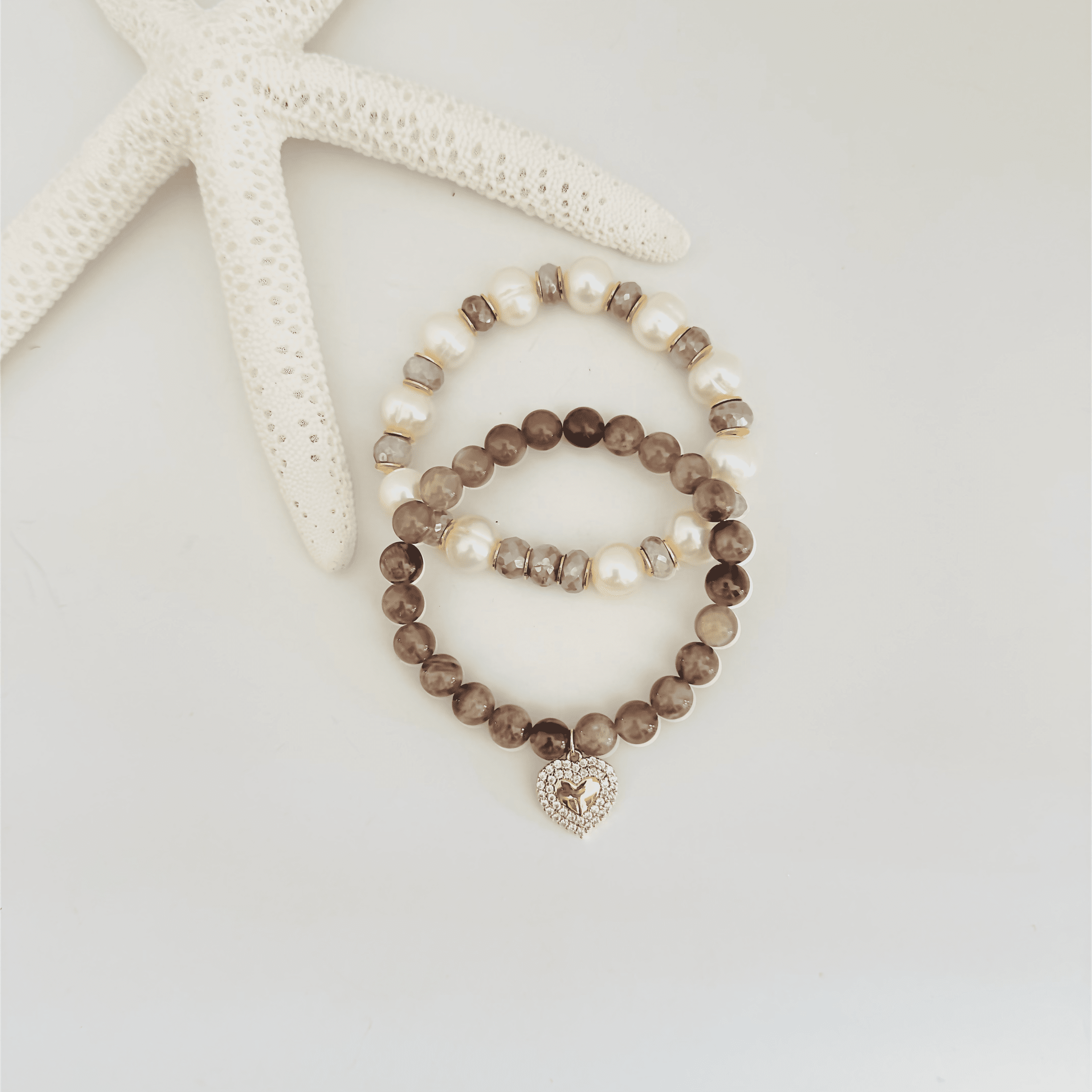Moonstones with Heart Charm and Pearls