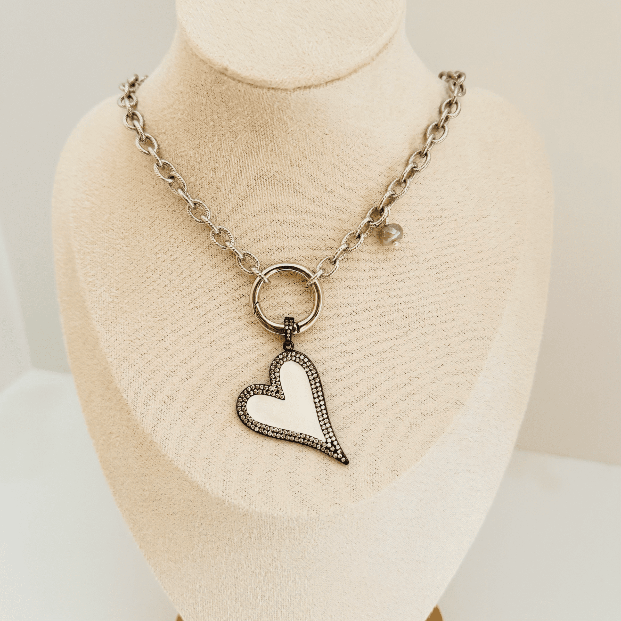 Silver Chain with White Enamel Heart, Moonstone on Side of Necklace