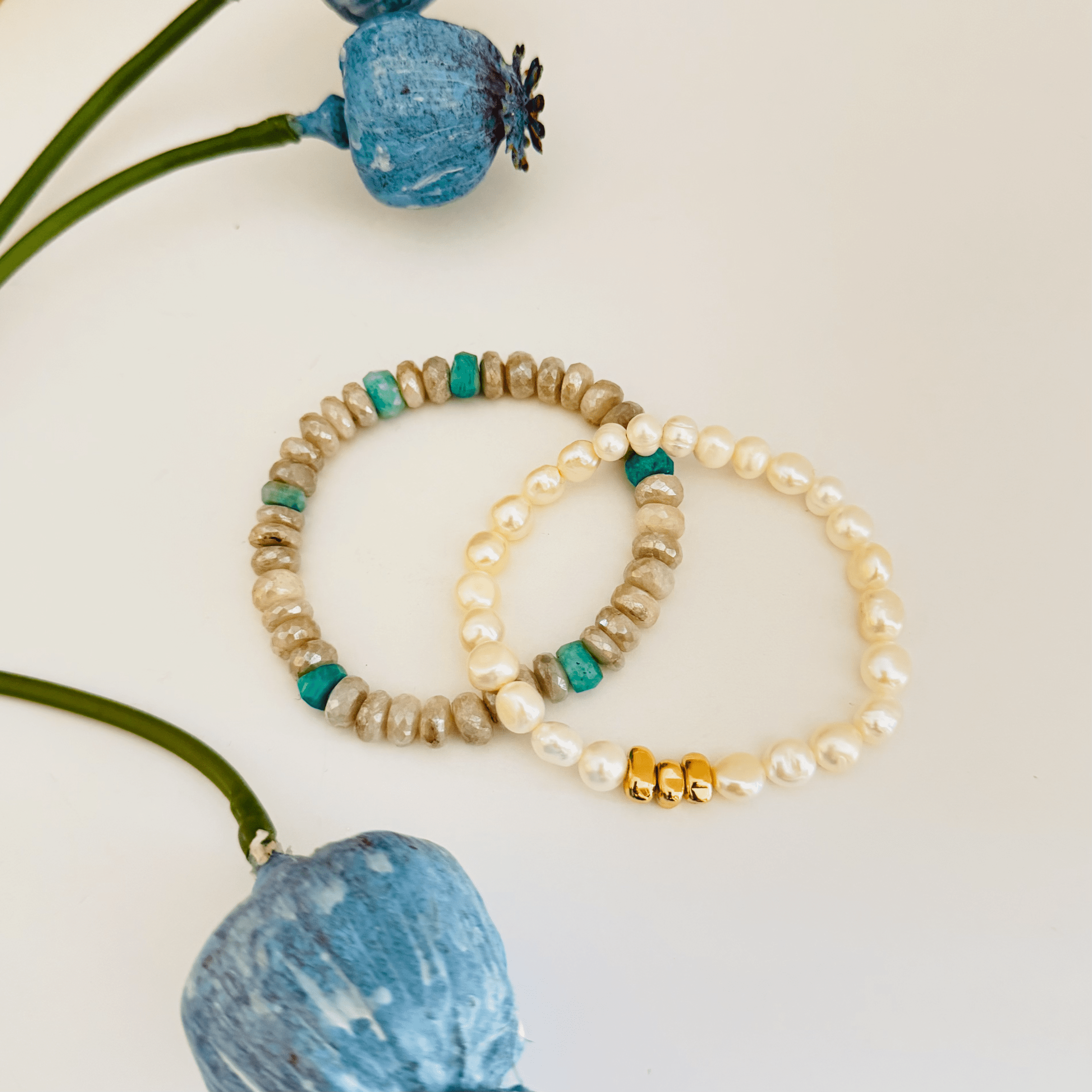Moonstones with Chalcedony & Fresh Water Pearls