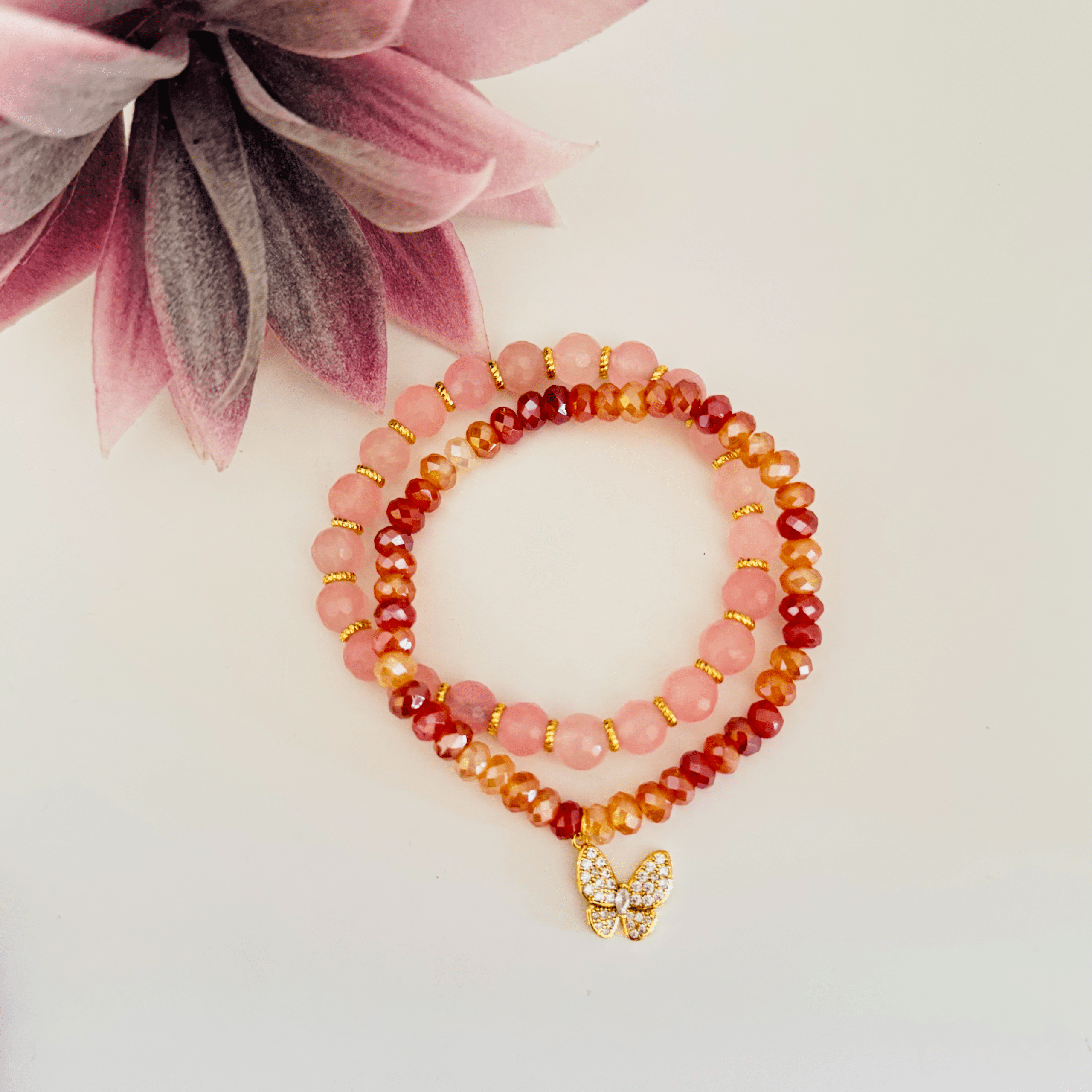 Rose Quartz with Gold Spacers & Plated Agate with Butterfly Charm