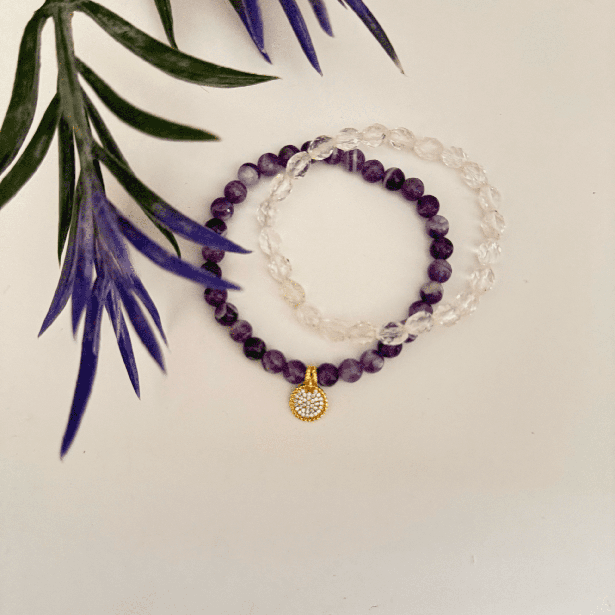 Crystal Quartz & Amethyst Bracelet with Pave Round Charm