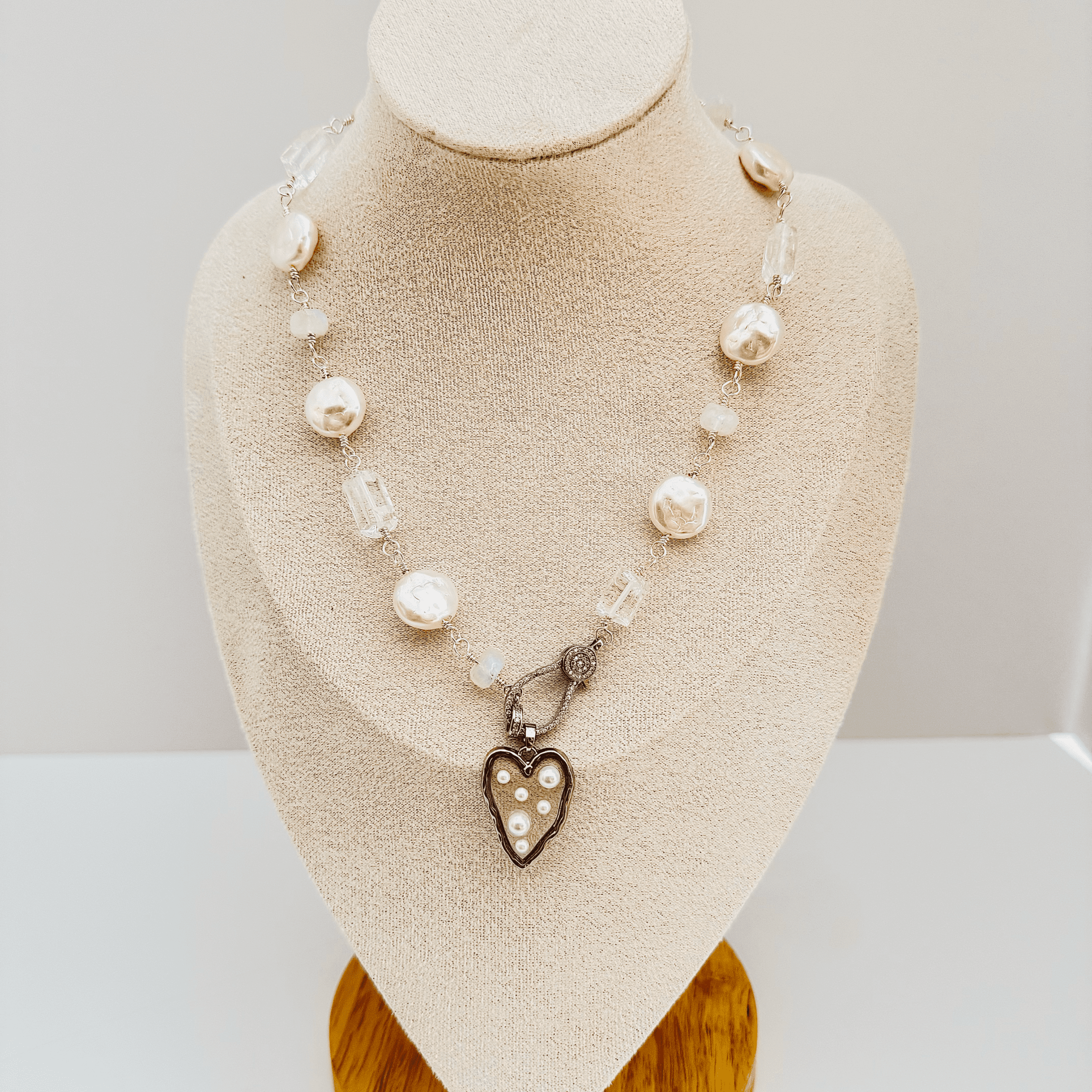 Pearl & Moonstone, Cracked Quartz with Heart & Pearl Necklace